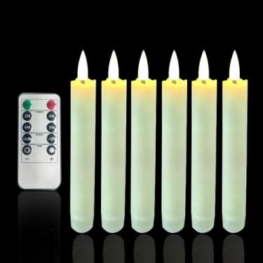 Imagem de 6 peças de velas cônicas de plástico sem chamas cintilantes com controle remoto de 10 teclas, operadas por pilhas, luzes de LED quentes 3D com chama cintilante para Halloween, Natal, igreja, casamento