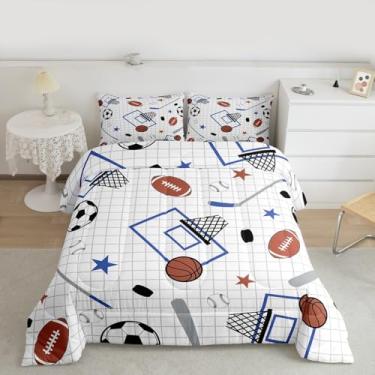 Imagem de Feelyou Conjunto de edredom esportivo para todas as estações, com 1 fronha, microfibra branca e azul, para cama de solteiro, temática esportiva, decoração de quarto, edredom