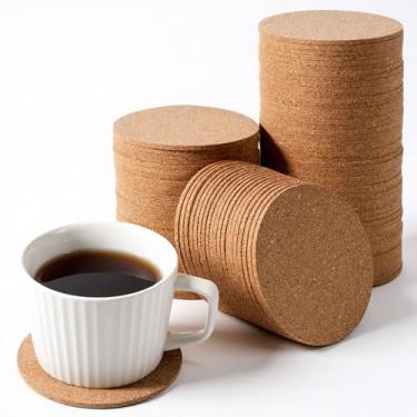 Imagem de Pacote com 100 porta-copos de rolhas a granel, porta-copos redondos de cortiça de 8,5 cm para bebidas, camiseta de café, copo de vinho, porta-copos absorventes de 0,3 cm de cortiça para casa