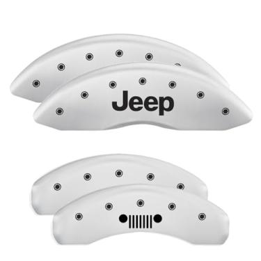 Imagem de Capas de pinça de freio MGP compatíveis com Jeep Grand Cherokee 2011-21, WK 2022 (requer rodas de 43.2 cm) acabamento branco revestido a pó, logotipo gravado de jipe/churrasqueira, capas de pinça
