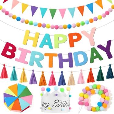 Imagem de Mindsoft Conjunto de 5 peças de decorações de aniversário de feltro com faixa de feliz aniversário pré-amarrada com guirlanda de bola, coroa, bandeira de flâmula, borla de fio colorido para decoração