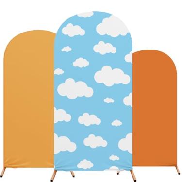 Imagem de RimCereal Conjunto de 3 capas de pano de fundo de arco de caixa de casamento céu azul e nuvem branca arco de elastano suporte de pano de fundo 1,2 m, 1,5 m, 1,8 m para decoração de cerimônia de