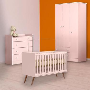 Imagem de Berço Mini Cama Retrô, Cômoda Trocador e Guarda Roupa Rosa - Qmovi