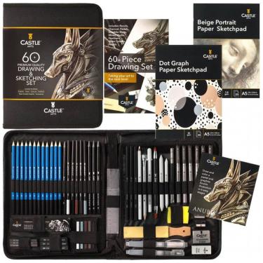 Imagem de Kit Lápis de Cor Profissional com Estojo 60 peças Tintas Acrílicas, Aquarela, CASTLE ART SUPPLIES, Preto