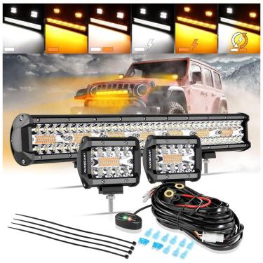 Imagem de Barra LED e Farol de Milha Offroad com 42000 Lúmens e 6 Modos Âmbar, 4Un, 420W, Auxbeam, Preto