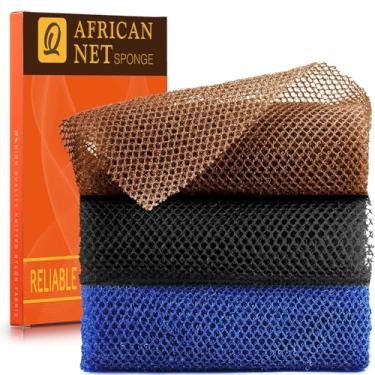 Imagem de 3 Pieces African Bath Sponge African Net Long Net Bath Sponge Exfoliating Shower Body Scrubber Back Scrubber Skin Smoother,Great for Daily Use (Black、Blue、Brown)