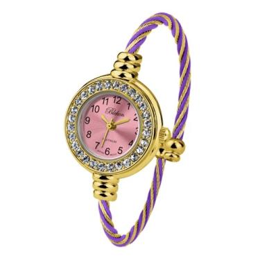 Imagem de Blekon Collections Relógio feminino de pulso com mostrador analógico redondo com números árabes, 23 mm, pulseira de arame, relógio feminino elegante, Strass ouro/roxo, Casual, clássico, elegante,