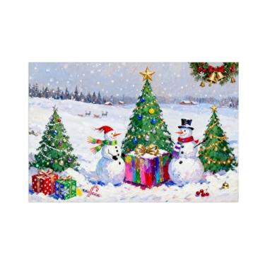 Imagem de Quadro parede Natal-Dois bonecos neve pinheiro-Pintura em tela-Pôster impressões inverno para decoração sala de estar banheiro 20x30cm Sem Moldura