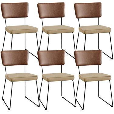 Imagem de Kit 06 Cadeiras Decorativas Sala Jantar Allana L02 Couríssimo Marrom Linho Bege Escuro - Lyam Decor