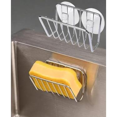 Imagem de Suporte de esponja prata para pia de cozinha, suporte de esponja com ventosa de aço inoxidável