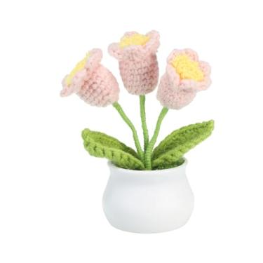 Imagem de Flores de crochê, tricô feito à mão, 3 cabeças, lírio do vale, tecido artificial, pequeno vaso com hastes para presentes de dia dos namorados, decoração de mesa de casamento, festa, escritório, rosa