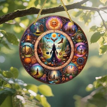 Imagem de Acrílico colorido Suncatcher, roda de bruxaria de Halloween, arte sazonal, janela suspensa de 18 cm, decoração de arte de parede com design de vitral impresso, ideia de presente e ornamento de jardim