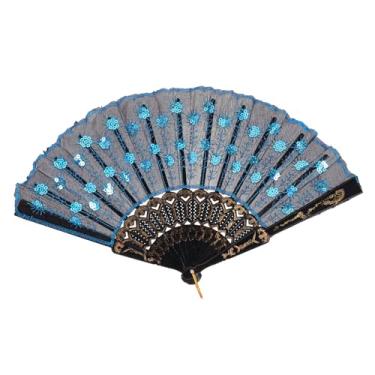 Imagem de Leque de mão oriental portátil com estampa de pavão bordado elegante com lantejoulas para dança, cosplay, casamentos e decoração de casa, ventilador de mão estilo retrô
