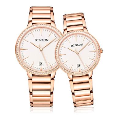 Imagem de BINLUN Par de relógios para casal masculino e feminino 2 peças/conjunto de relógios automáticos ultrafinos ouro rosa 18k, presente de Natal