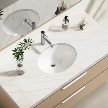 Imagem de Enbol Pia de banheiro de cerâmica oval de 38 x 30 cm - Lavatório de vaso sanitário de porcelana branca com transbordamento, pia de bancada ECU1512