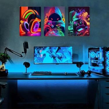Imagem de Conjunto de 1 conjunto/3 peças de arte de parede para jogos, estilo neon, fones de ouvido vibrantes, controles de jogadores, impressões para sala de jogos, sala de estar, streamer, configuração, 30 x