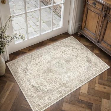 Imagem de HUGEAR Tapete de entrada 2x3 vintage marrom pequeno lavável à máquina tapete de porta neutro floral baixo tapete aspirador fino tapete entrada cozinha banheiro quarto antiderrapante leve