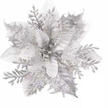 Imagem de Flores de Natal Artificiais com Glitter – 5/10/20 Peças Enfeites Decorativos para Árvore de Natal, Guirlanda e Decoração Festiva (10pcs*Prata-14cm)