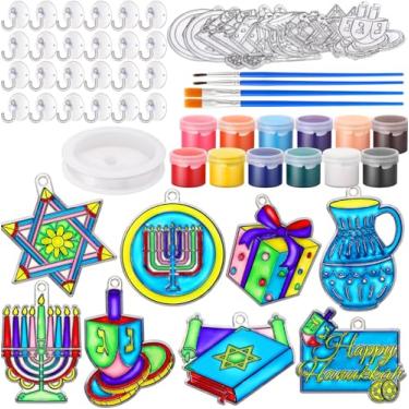 Imagem de Cholemy 40 conjuntos de kit de apanhador de sol de Hanukkah, inclui artesanato de apanhador de sol com tintas, ventosas, fio de pesca, kit de arte de janela judaico faça você mesmo, apanhadores de sol