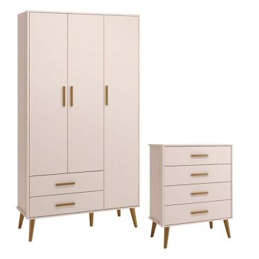 Imagem de Cômoda Gaveteiro E Guarda Roupa Infantil 3 Portas Isis Rosa Acetinado - Reller