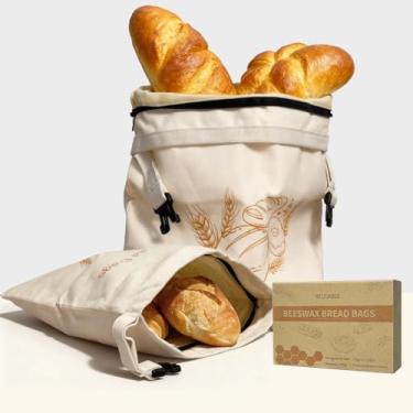 Imagem de hanvate Sacos de pão de cera de abelha reutilizáveis para pão caseiro, 2 pacotes de sacos de cera de abelha de algodão orgânico com zíper, saco de armazenamento de alimentos para manter fresco, seguro