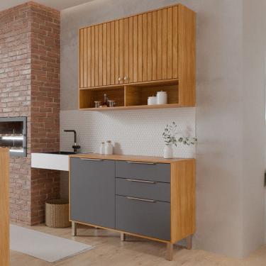 Imagem de Cozinha Compacta Helena 4 Portas 2 Gavetas Ripado Cinamomo/Titanium - Pnr Móveis