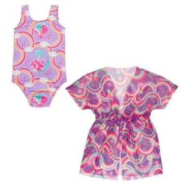 Imagem de Kit Maiô Praia + Saída De Praia Vestido Tule Infantil Menina - Fofotin