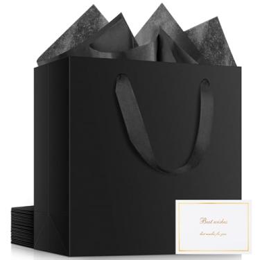 Imagem de EUSOAR Bolsa de presente preta, 12 peças de 32 x 11 x 28 cm, sacolas de agradecimento com alças, 25 peças de papel de seda preto de 50 x 76 cm e 12 cartões de felicitações brancos/dourados em branco