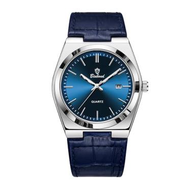 Imagem de W WOLF-CUB Relógio masculino de quartzo de luxo, pulseira de couro original, à prova d'água, relógios de pulso masculinos clássicos, prata e azul, Negócios