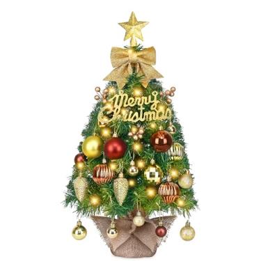 Imagem de Dolicer Mini árvore de Natal artificial pequena de 6 m com 20 luzes de cordão de globo de LED, pequenas decorações de Natal DIY incluem arco dourado, topo de estrela, frutas vermelhas, pinha