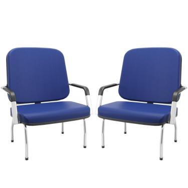 Imagem de Kit 02 Cadeiras De Escritório Recepção Com Braço Fixa Cromada Magno P03 Vinil Azul - Lyam Decor