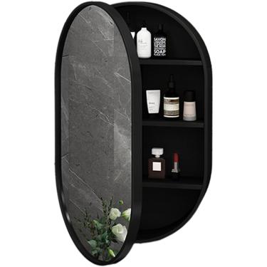 Imagem de Espelhos De Vaidade Armário De Espelho De Banheiro Oval Armário De Armazenamento De Desembaçamento Montado Na Parede Com Luz, Black, 50 * 80 * 14cm