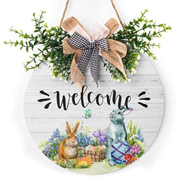 Imagem de Harooni Placa De Madeira Páscoa, 30 Cm, Rústica, Rosa Pastel, Amarelo, Verde; Preta, Branca, Redonda, Bem-Vinda, Madeira, Pendurada, Porta Da Frente, Varanda, Parede