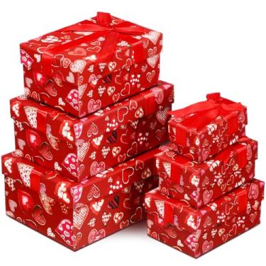 Imagem de Cholemy 6 caixas de presente de Natal com tampas, caixas de ninho de Natal empilhadas, design clássico de Natal em 6 tamanhos variados para presente de embrulho decorativo (Dia dos Namorados, vermelho