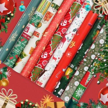 Imagem de Papel de embrulho de Natal, pacote com 7 - Folhas grandes de 73 x 50 cm vintage para presente de presente kraft com desenhos natalinos (árvore, floco de neve, rena) para presente festivo de Natal