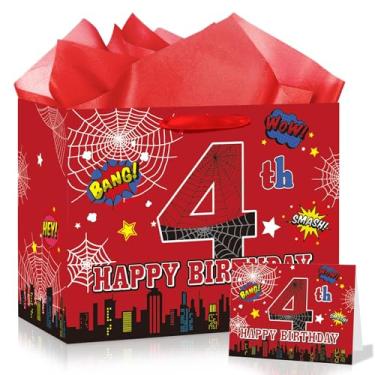 Imagem de Saco de presente de aniversário de 4 anos de aranha para meninos, grande, vermelho, preto, 4 anos, sacos de feliz aniversário com papel de seda e cartão comemorativo para crianças de 4 anos de idade