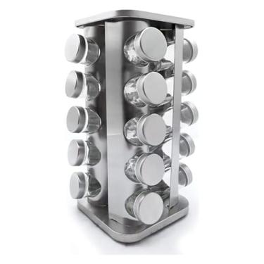 Imagem de Prateleira giratória para temperos 12, 16, 20 potes de vidro Tampas de aço inoxidável Etiquetas Decoração para cozinha (Porta temp 20 Quadrado)