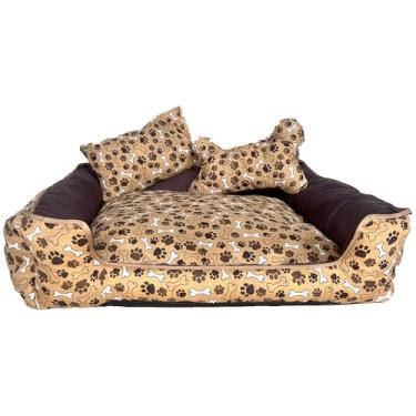 Imagem de Cama Pet Quadrada para Cachorro Pequeno, Impermeável, com Almofada e Ossinho, 40x40x15cm, Gorgurinho Maquinetado e Microfibra, Fundo em PVC (Marrom Patinhas)