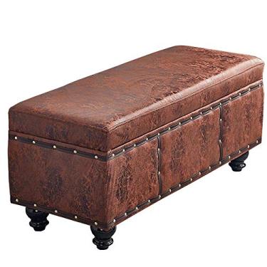 Imagem de Banqueta dobrável de couro PU com pernas de madeira maciça espaço de armazenamento banco de pés estofado mesa lateral para sala de estar, quarto, corredor 100 x 40 x 45 cm (cor: marrom)