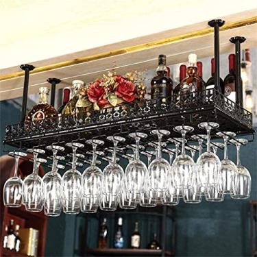 Imagem de Rack de vinho de teto de ferro de metal, suporte de garrafa de vinho montado suspenso, rack de vidro de champanhe de cabeça para baixo, rack de taça de taça, decoração de bar para casa, preto (tamanho