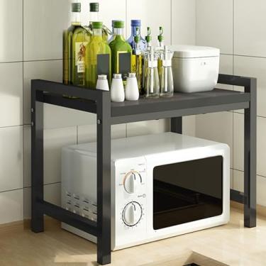 Imagem de QHFTREX Suporte de prateleira de madeira para micro-ondas de 2 camadas para organização de bancada de forno de micro-ondas e suporte organizador de utensílios de mesa