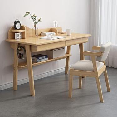 Imagem de ZDJZMGZ Escrivaninha moderna de madeira maciça de meados do século com gavetas e prateleira, mesa de computador ideal para estudo de escritório em casa, pele elegante e funcional (cor: natural