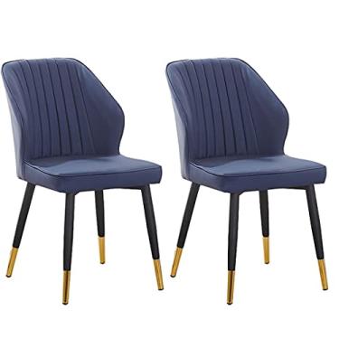 Imagem de Cadeira de jantar moderna de couro PU conjunto de 2 cadeiras de sala de estar com encosto estofado e pernas de metal preto para escritório, sala de jantar, cozinha, quarto (cor: azul)