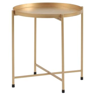 Imagem de Mesa de centro redonda nórdica moderna, bandeja removível, mesa lateral de sofá de metal, mesa de canto dobrável para quarto, sala de estar, ouro, 46,5 × 52 cm