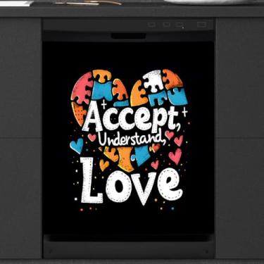 Imagem de Capa magnética para lava-louças, arte autismo amor coração capa magnética para decoração de máquina de lavar louça, capa de porta magnética para lava-louças, decalque para cozinha, eletrodomésticos