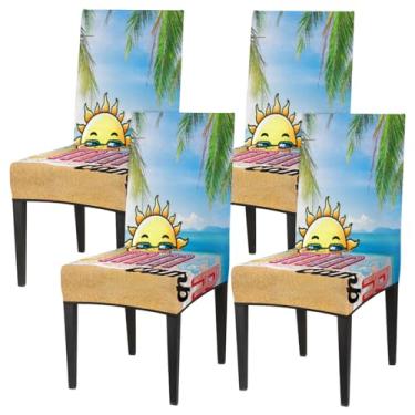 Imagem de hongjinglin Conjunto de 4 capas elásticas para cadeira de sala de jantar, sol, verão, praia, removível, lavável, para cozinha, casa, hotel, banquete, festa de casamento, cerimônia