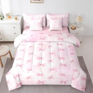 Imagem de Erosebridal Conjunto de cama solteiro com laço rosa fofo – cama com laço de princesa em uma bolsa, conjunto de edredom com laço pastel sonhador com lençóis, gravata borboleta Coquete, conjunto de cama
