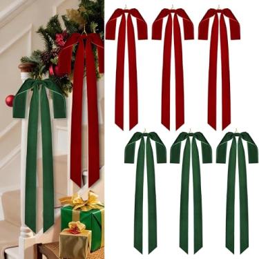 Imagem de Aneco 6 peças de laços de Natal de veludo 89 x 40,6 cm Grande laço de Natal pré amarrado cerca escadaria grinalda laços de árvore para decoração de Natal porta de casa ao ar livre, vinho, verde escuro