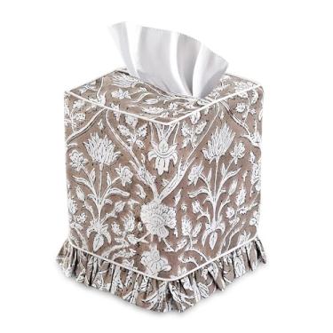 Imagem de Ridhi Capa de caixa de lenços com estampa de bloco acastanhado, feito à mão, de algodão, decorativo, quadrado, para casa, quarto, sala de estar, banheiro, penteadeira, bancada, carro, escritório