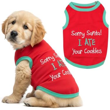 Imagem de Parisian Pet Camiseta para cachorro - Camiseta bordada "Sorry Santa I Ate Your Cookies" - Roupa de Natal para cães de algodão leve - Roupas de Natal para cães sem mangas - Camisetas para cães pequenos